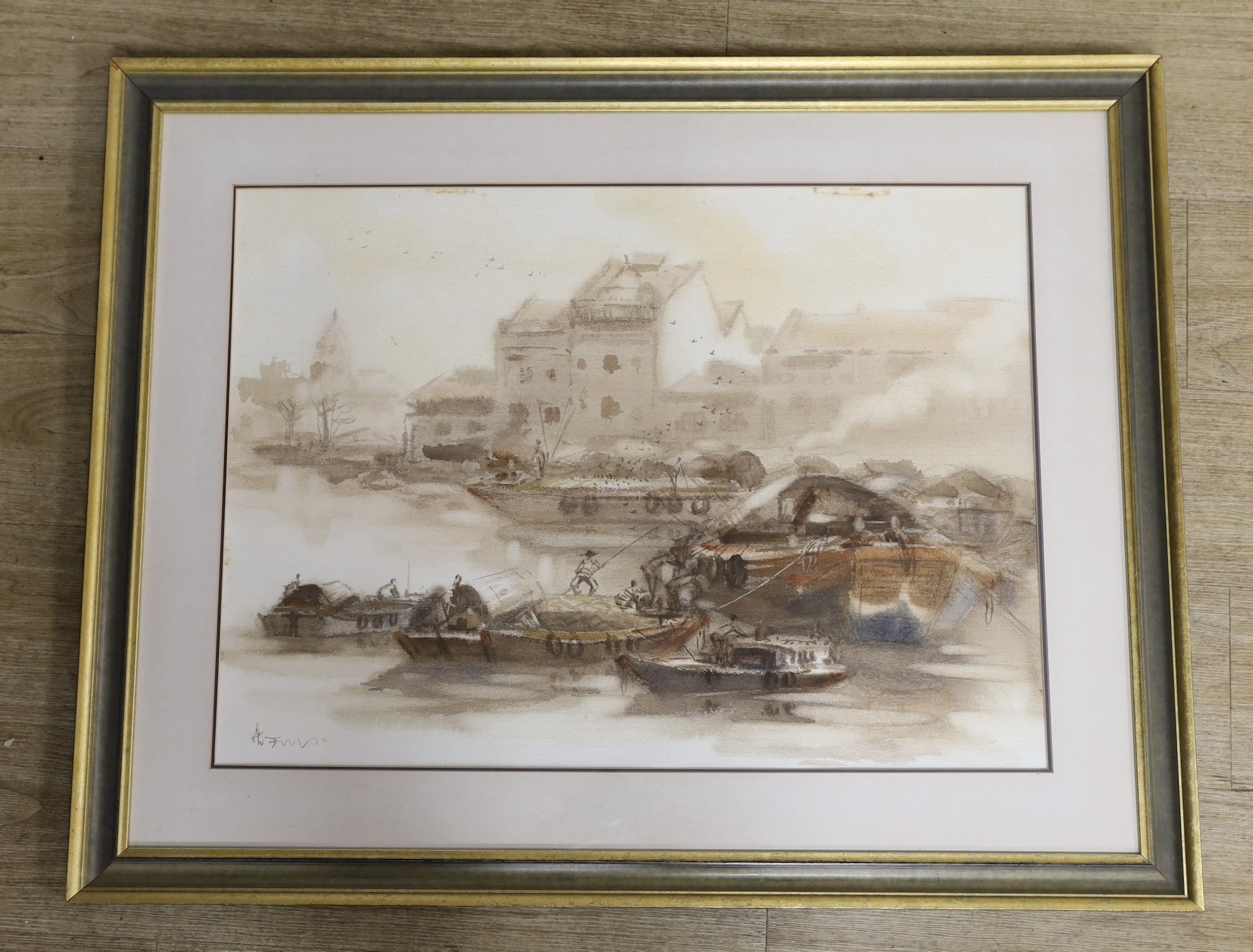 Asian School, watercolour, Harbour scene, indistinctly signed, 53 x 73cm